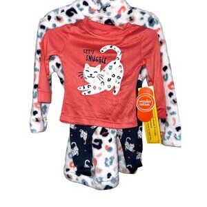 Babys 3-Piece Set: Coral Long Sleeve Shirt With "Lets Snuggle" Cat Graphic